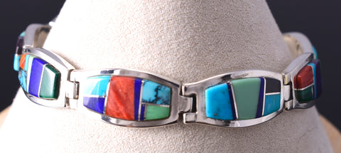 Preowned Silver & Turquoise Multistone Navajo Inlay Link Bracelet by Calvin Begay 6D28E
