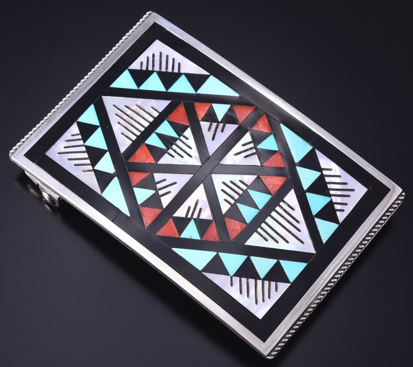 Vintage - Silver Multistone Zuni Inlay Geometric Buckle by Leander & Lisa Othole 6A03G