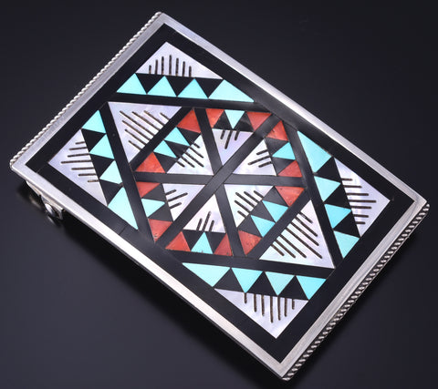 Vintage - Silver Multistone Zuni Inlay Geometric Buckle by Leander & Lisa Othole 6A03G
