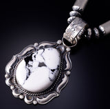 Silver & White Buffalo Turquoise Navajo Round Pendant by Tillie Jon 5L13D