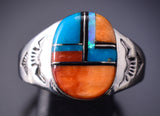 Size 11-1/2 Silver & Turquoise Multistone Navajo Inlay Mens Ring  Mary Lincoln 6D09S