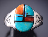 Size 12-1/4 Silver & Turquoise Multistone Navajo Inlay Mens Ring Mary Lincoln 6D09V