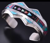 Silver & Turquoise Multistone Navajo Inlay Mountains Bracelet Jim Harrison 5G12N