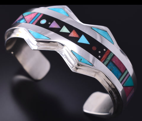 Silver & Turquoise Multistone Navajo Inlay Mountains Bracelet Jim Harrison 5G12N