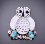 Silver & Mother of Pearl w/ Turquoise Zuni Inlay Owl Pendant & Brooch by Regina Kallestewa 3F12Y