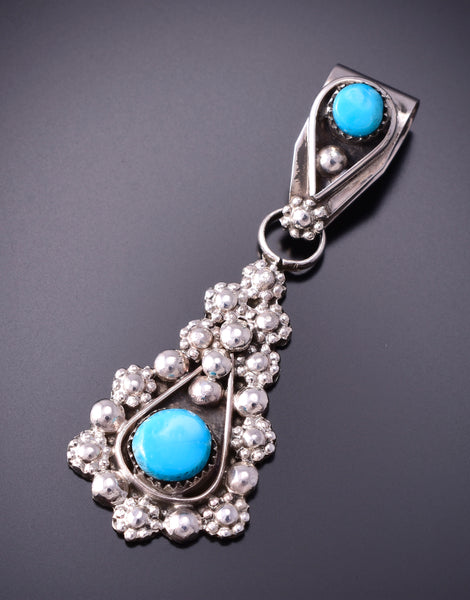 Silver & Turquoise Zuni Handmade Flowers Pendant by Verdi Booqua 3G03R