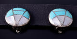 Vintage Silver & Turquoise Mother of Pearl Zuni Inlay Clip On Earrings 5F10Q