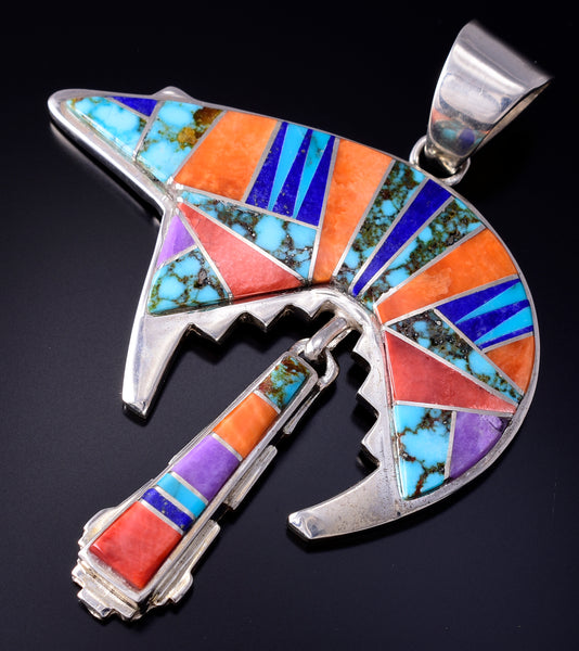 Silver & Turquoise Multistone Navajo Inlay Bear Pendant by Aldora Henry 5L13H