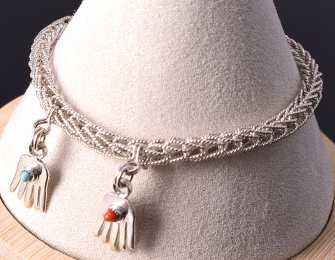 Reversible Silver & Turquoise w/ Coral Zuni Chain Bracelet by Smokey Gchachu 5J29A
