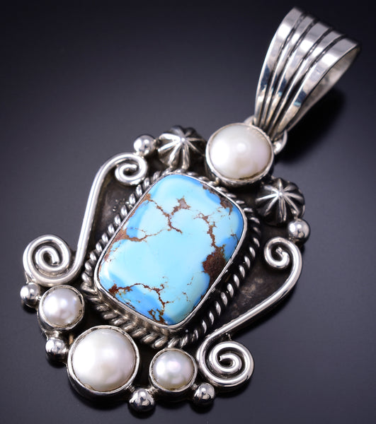 Silver & Golden Hills Turquoise Fresh Pearl Navajo Pendant by Erick Begay 6F27S