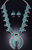 Silver & Turquoise Navajo Squash Blossom Necklace Earring Set Kyle Wilson 6H06Q