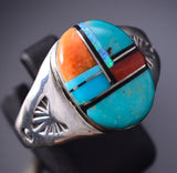 Size 12-1/4 Silver & Turquoise Multistone Navajo Inlay Mens Ring Mary Lincoln 6D09V