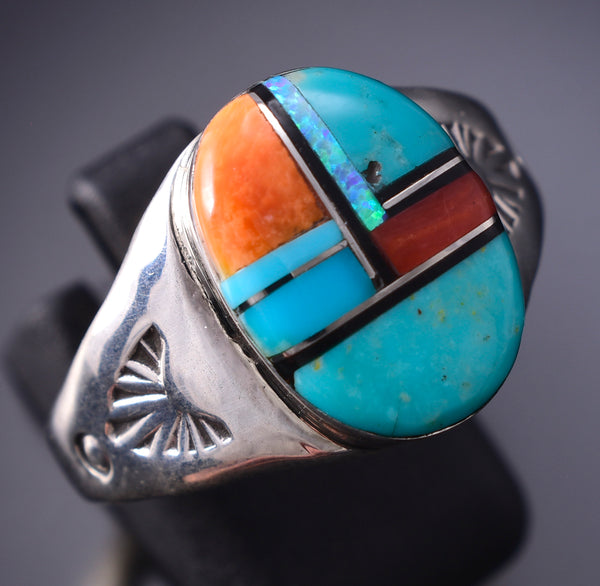 Size 12-1/4 Silver & Turquoise Multistone Navajo Inlay Mens Ring Mary Lincoln 6D09V