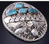 Heavy Vintage Silver & Turquoise Navajo Feathers Mountains Buckle by Fred Guerro 6A21Y