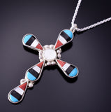 Silver & Turquoise Multistone Zuni Inlay Cross Pendant by Florencia Lucio 4E27T