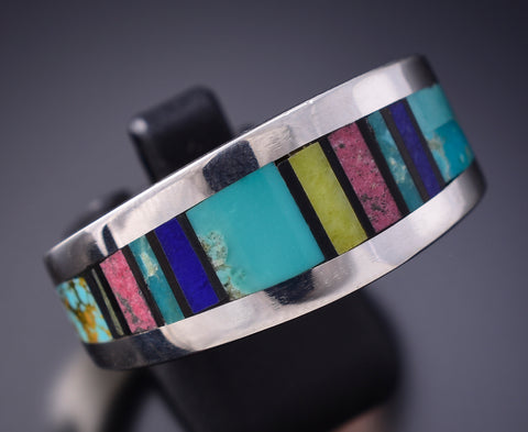 Size 13-1/2 Silver & Turquoise Multistone Navajo Inlay mens Ring Jimmy Harrison 6F22M