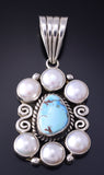 Silver & Golden Hills Turquoise Fresh Pearl Navajo Pendant by Erick Begay 5F30W
