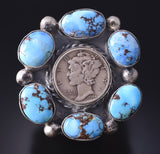 Adjustable Silver & Golden Hills Turquoise Navajo Coin Ring - Penny Nathan 5K22L
