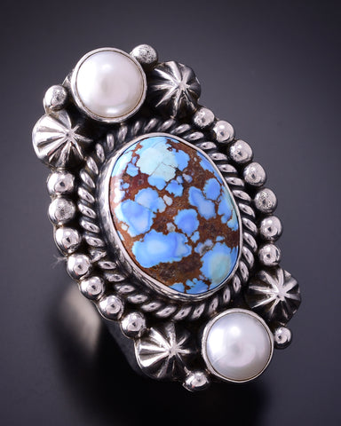 Size 7 Silver & Golden Hills Turquoise w/ Pearl Navajo Ring by Erick Begay 4C01R