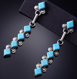 Silver & Turquoise Zuni Handmade Long Earrings by Olivia Qualo 5G16O