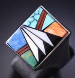 Vintage Size 10-3/4 Silver & Turquoise Multistone Navajo Inlay Men's Ring 6E14K