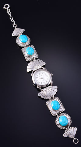 Vintage Silver & Turquoise Navajo Link Watch Bracelet w/ Watch - Ray Begay 5K22T