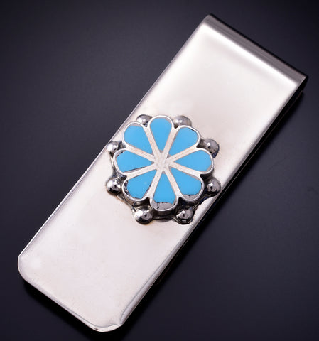 Silver & Turquoise Zuni Inlay Flower Money Clip by Pino Yuni 5B06O
