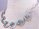 Vintage `18" Silver & Turquoise Navajo Flow Sandcast Necklace 5J29L