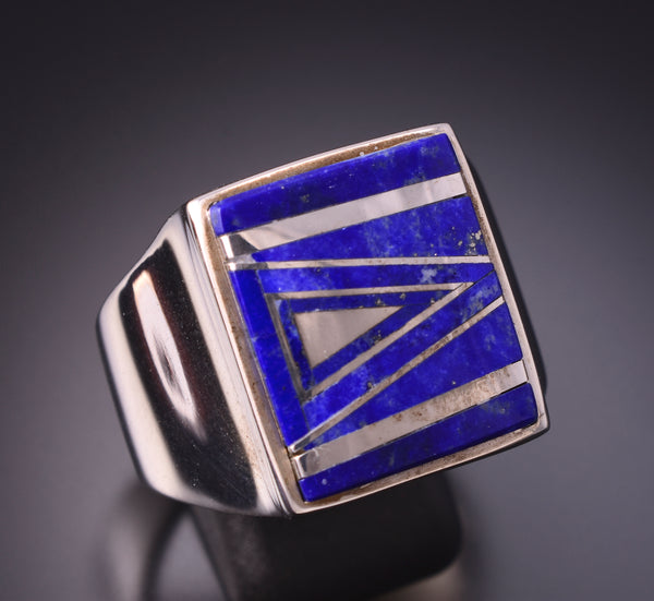 Size 13-1/4 Silver & Lapis Navajo Inlay Mens Ring by Evangeline Davis 3F22X