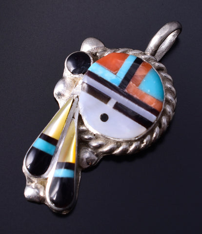 Silver & Turquoise Multistone Zuni Inlay Sunface Pendant Geraldine Lonjose 5F10N