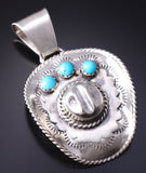Silver & Turquoise Navajo Handmade Cowboy Hat Pendant by Bobby Platero 6J30P