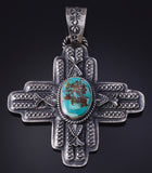 Silver & Turquoise Navajo Handmade Zia Design Pendant by Kevin Billah 5J18F