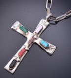 Silver & Turquoise Multistone Zuni Handmade Cross Pendant by Cecilia Iule 6G29D