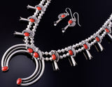 Silver & Coral Navajo Handmade Squash Blossom Necklace & Earring Set - TS 5G28P
