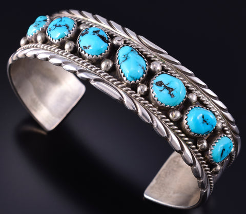 Vintage Silver & Turquoise Row Navajo Bracelet by JS 5K22Y