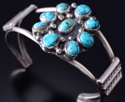 Vintage Silver & Turquoise Navajo Cluster Bracelet signed BJ 6A21F