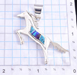 Silver & Turquoise Multistone Navajo Inlay Free Horse Pendant - Edward Lee 5L26P
