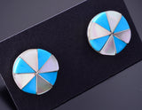 Silver & Turquoise & Mother of Pearl Zuni Inlay Earrings by Johnson Laweka 3H02K