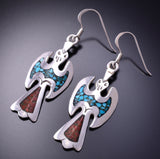 Silver & Turquoise & Coral Navajo Chip Inlay Waterbird Earrings 3G03D