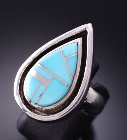 Size 7 Silver & Turquoise Navajo Inlay Waterdrop Ring by TSF 3L13V