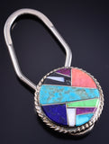 Silver & Turquoise Multistone Navajo Inlay Key Ring by Arnold Yazzie 5L25O