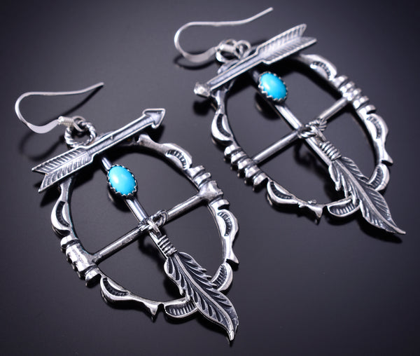 Silver & Turquoise Navajo Arrow w/ Dream Catcher Earrings by Arlene Lewis 6D07L