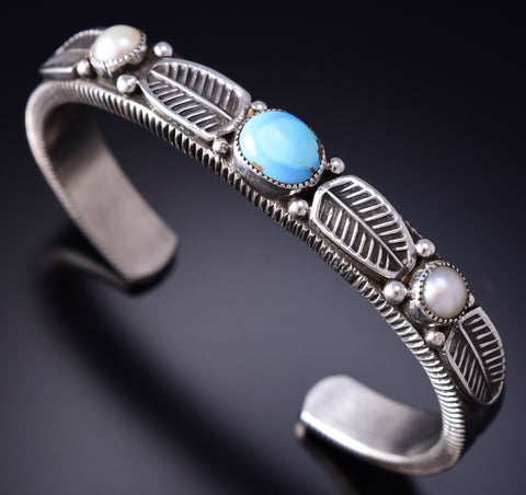 Silver & Golden Hills Turquoise Fresh Pearl Navajo Bracelet by Erick Begay 6F28T