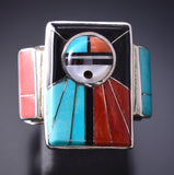 Size 9-3/4 Silver & Turquoise Multistone Zuni Inlay Sunface Ring Don Dewa 6F17D