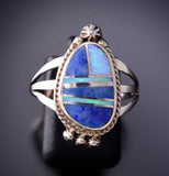 Size 9 Opal and Denim Lapis Navajo Inlay Ring by James Manygoats 6K22V