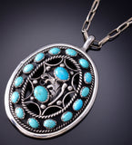 Vintage Silver & Turquoise Eagle Feather Shield Navajo Pendant by Al Joe 6H31X