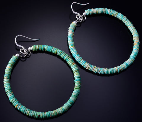 Navajo Handmade Turquoise Hoop Earrings 5G16A