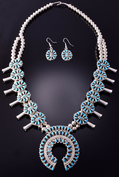 Silver & Turquoise Navajo Necklace & Earring Set by Milton James 4F04F
