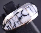 Size 9-3/4 Silver & White Buffalo Turquoise Navajo Inlay Ring by Norvin Johnson 5L25X