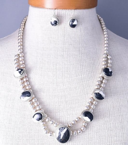 White Buffalo Turquoise 7 stone Silver Necklace with Earrings by Navajo Ty Francisco 5L23C